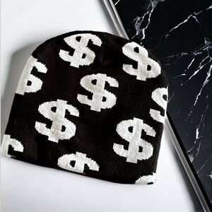 Black Jacquard Knit Skullcap Beanie with White  Dollar Signs